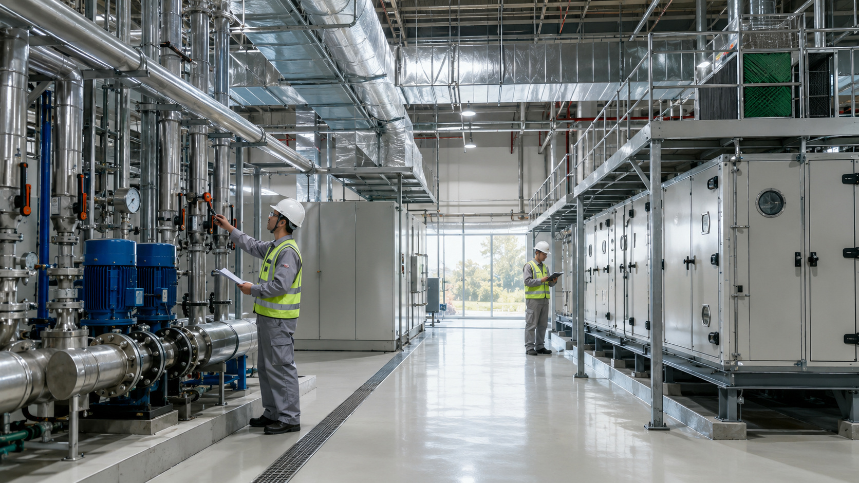 Khu vực kỹ thuật nhà xưởng đang triển khai hệ MEP và cần kiểm tra giao cắt